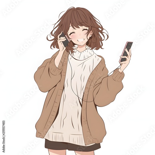 Cheerful anime girl with cardigans holding dual smartphones vector illustration
