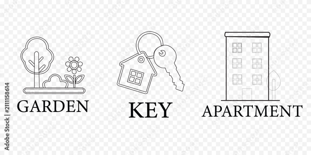 Fototapeta premium Real estate property line art icon set including garden key and apartment symbols with apartment property minimalist building residential architecture business ownership structure collection