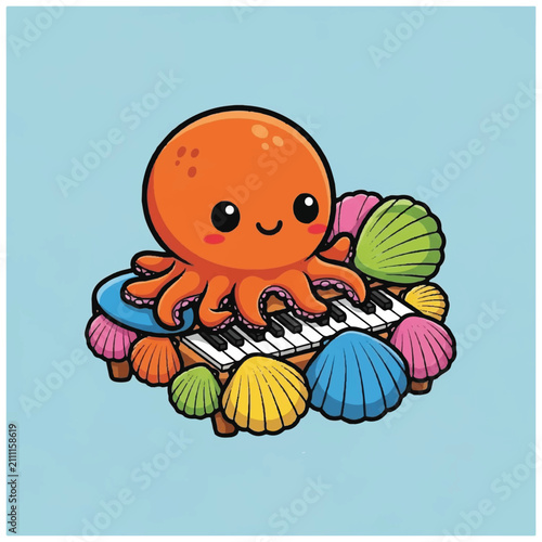 Cute cartoon octopus playing a keyboard surrounded by seashells.