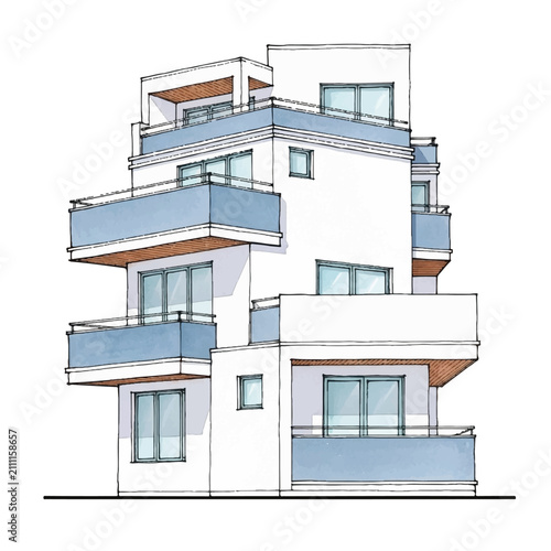 Modern Apartment Building Facade with Balconies and Windows.