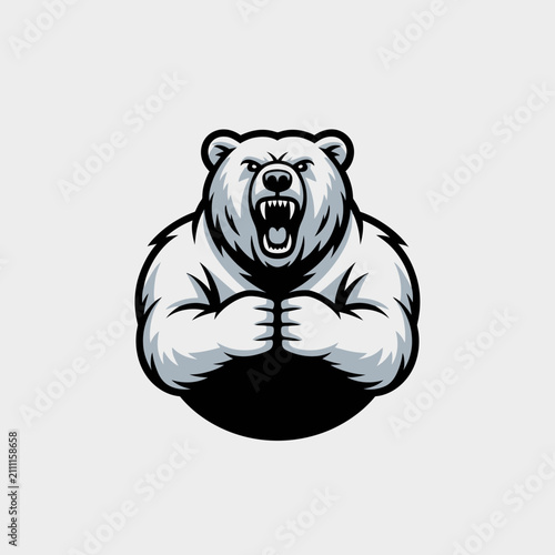 Muscular bear with open mouth flexing.