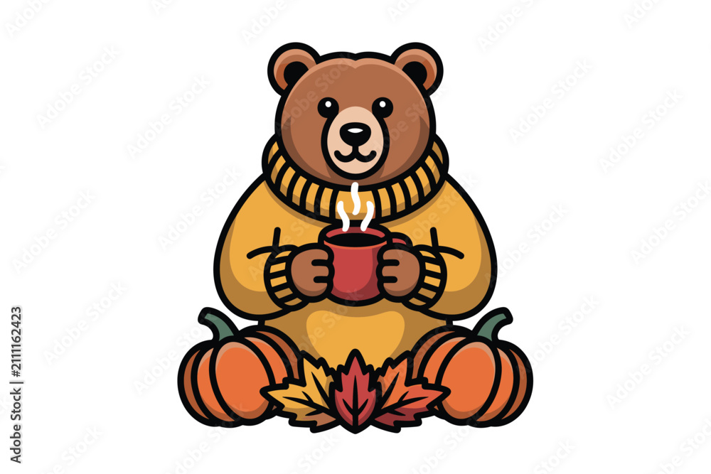 Fototapeta premium Cute cartoon brown bear wearing a cozy yellow knit sweater holding a steaming red mug of hot coffee with autumn pumpkins and fallen leaves around