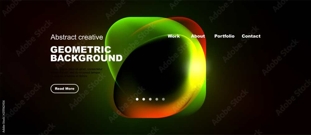 Naklejka premium Dark background features vibrant abstract shapes, text elements, navigation menu. Modern design, colorful gradients present.