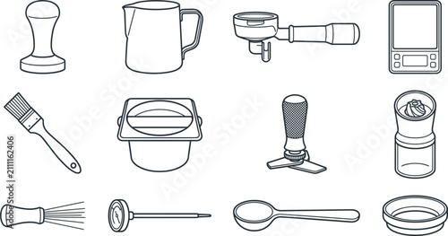 Bild auf Leinwand Vector set of black line barista tools icons featuring espresso tamper milk pitc