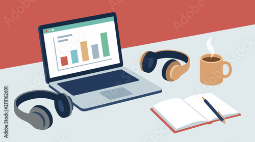 Laptop with headphones and coffee cup.