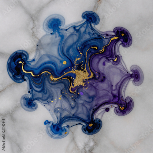 Hard Surface Marble Earth. Vibrant Abstract Scene With A Blue-Violet And Gold Glitter Background, Featuring Marble Texture And Alcohol Ink Colors