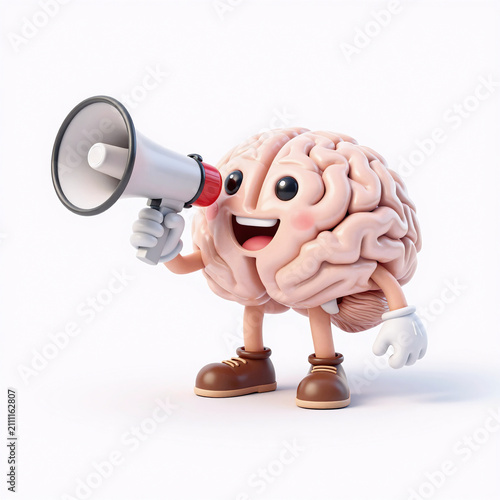Indian Miniature Megaphone Organ. Cartoon 3D Brain With A Smiling Face, Wearing Gloves And Shoes; Holds Megaphone In Playful Style On Clean White Background