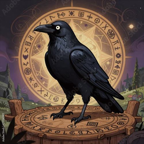 Dark Fantasy Crow Jackdaw. Retro-Style Hand-Drawn Illustration Featuring A Wise Crow Amid Occult Symbols, Magic Signs, And Runes Arranged In A Circle
