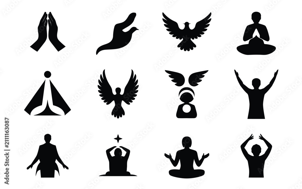 Fototapeta premium Black silhouettes of people meditating and birds in various yoga poses with depicting people meditation alongside birds flight flight conveying sense collection black spirituality mindfulness