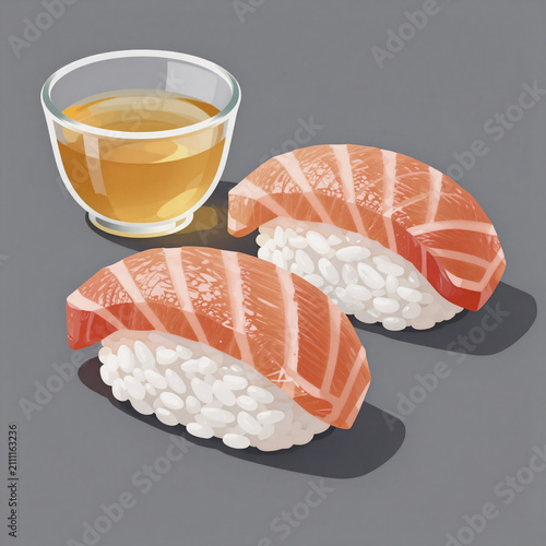 Vector Art Sushi Nobody. Japanese Cuisine With Salmon Sushi And Sake