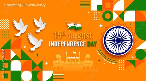 Festive Indian Independence Day 15th August background with white doves, tricolor flag, and Ashoka Chakra for national holiday celebration.