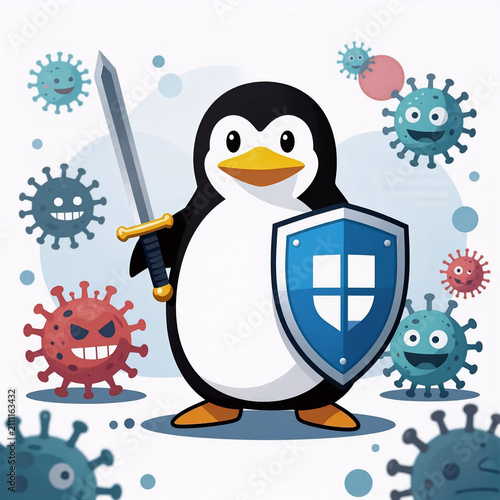 Linocut Cybersecurity Health Nature. Cartoon Depicts A Linux Penguin Wielding Sword And Shield Against Viruses, Symbolizing Cybersecurity With The Linux Operating System