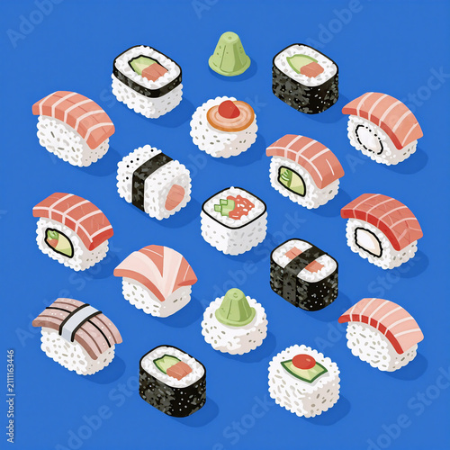 Line Art Sushi Vegetarian. Blue Background With An Isometric Sushi Seamless Pattern In Flat Style