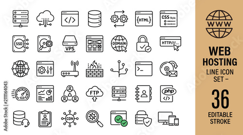 Photos 36 Editable Line Web Hosting Icons Set for Servers, Cloud Storage, SSL, FTP, Cod