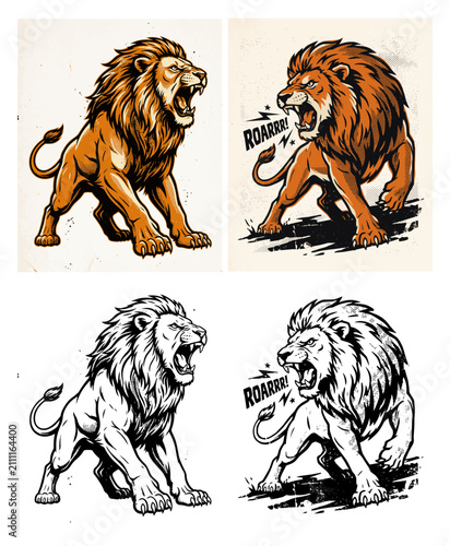 Set of roaring lion illustrations in vintage hand drawn tattoo style