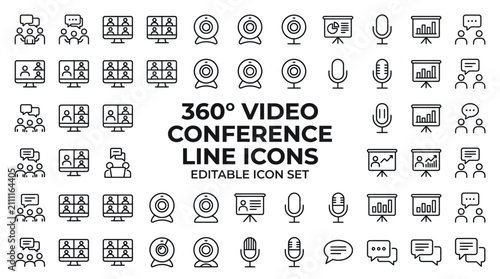 Schilderij op canvas 360° Editable Line Video Conference Icons Set for Online Meetings, Remote Work,