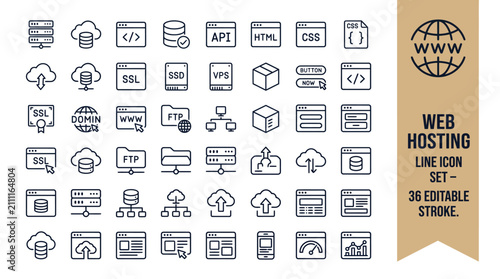 Tableau sur toile 36 Editable Line Web Hosting Icons Set for Servers, Cloud Storage, SSL, FTP, Cod