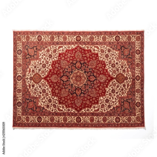 Classic red and cream Persian rug with large central medallion, ornate floral pattern, and traditional border.
