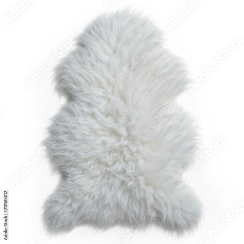 Soft white natural sheepskin pelt rug with fluffy long wool shaggy texture.