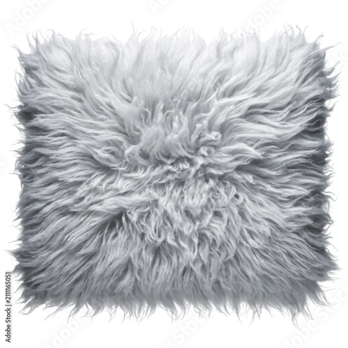 Fluffy grey sheepskin faux fur square pillow cushion cover with long wool shaggy texture.