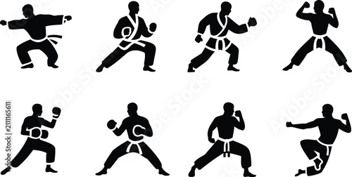 Принти на полотні Collection of eight black silhouettes of martial arts practitioners in dynamic c