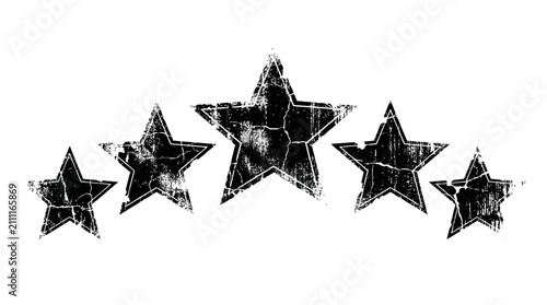 Five black grunge stars with distressed texture arranged in an arc on white background, perfect for vintage logo design, rating system icons and rock music poster graphics