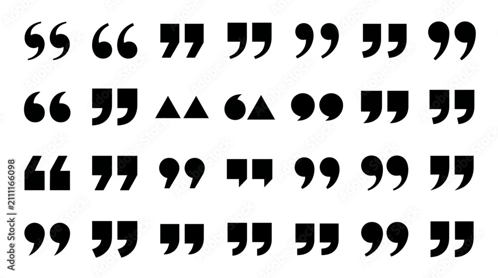 Fototapeta premium Collection of various black quotation mark icons in different styles and shapes isolated on white background, perfect for editorial layout design, social media quote posts and website elements