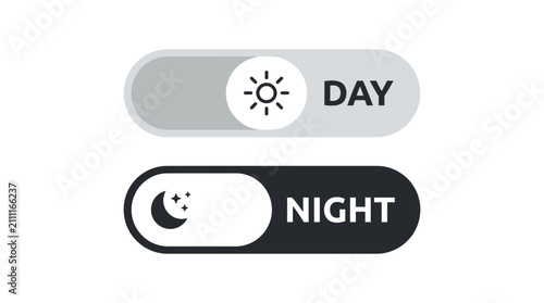 Day and night mode toggle switch icons with sun and moon symbols on a clean white background, perfect for user interface design, mobile application development and website theme settings