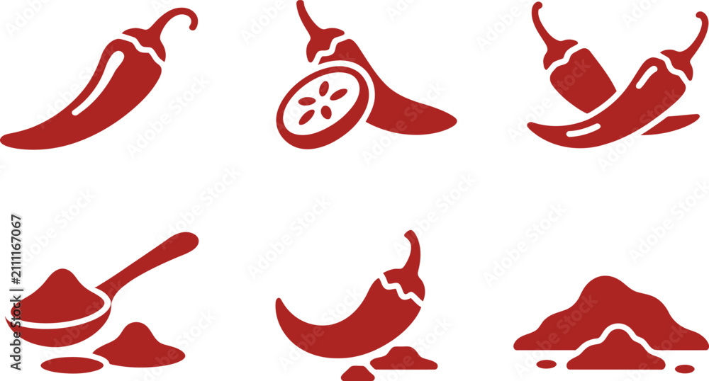 Obraz premium Collection of stylized red chili pepper icons representing whole sliced crossed and powdered forms