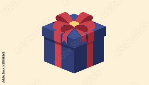 Isometric view of a dark blue gift box wrapped with a red ribbon and a big red bow on a soft warm yellow background.