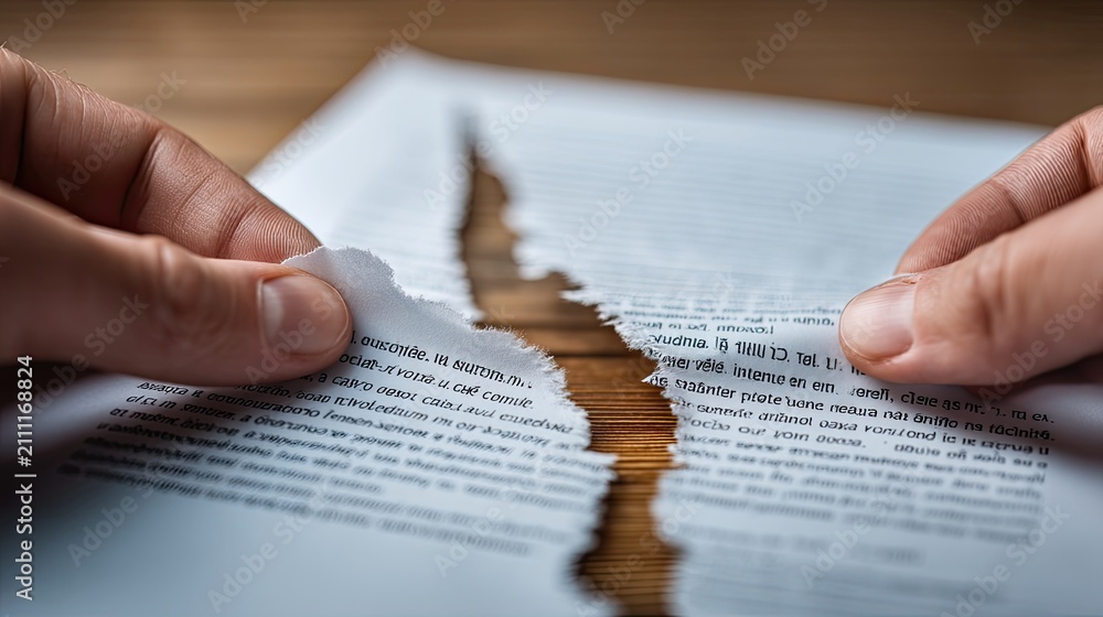 Obraz premium Two hands are tearing a page from a book.