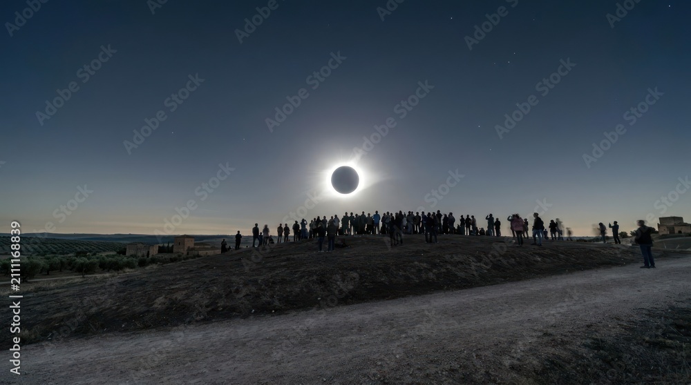 Obraz premium Crowd of people watching total solar eclipse on hill.