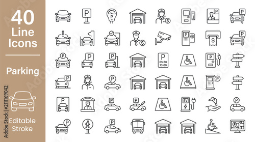 Fotografie 40 Editable Line Parking Icons Set for Apps, Maps, Garages, Valet, Disabled Park