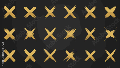 Creative grid layout of hand painted golden cross shapes showing rustic textures on a dark charcoal background.