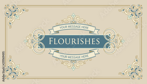 Luxurious vintage frame template displaying the word flourishes in a blue center banner with ornate golden scrolls.