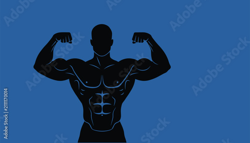 Black silhouette of a muscular bodybuilder flexing his biceps against a solid royal blue background.