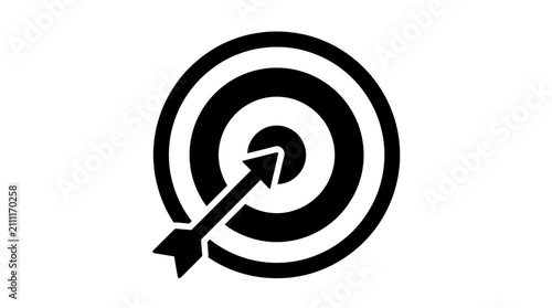 Iconic representation of a target hit by an arrow, symbolizing successful achievement, precise aim, strategic goal-setting, and effective project execution for business