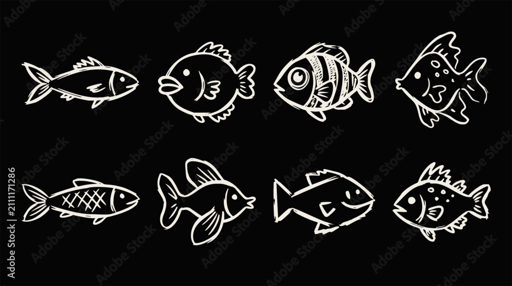 Obraz premium Eight white hand-drawn cartoon fish illustrations on a plain black background