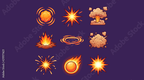 Cartoon Explosion Effects Set with Fireball Smoke and Energy Blast Animation Icons