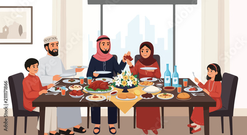 Muslim family enjoying traditional feast in modern dining room