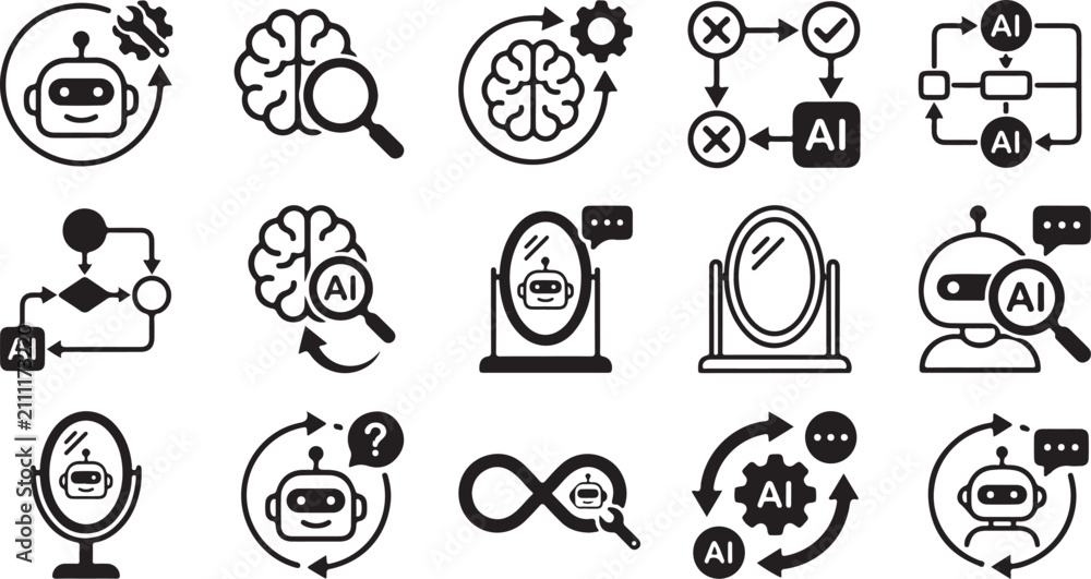 Fototapeta premium Artificial intelligence self reflection and machine learning alignment solid black glyph vector icon set