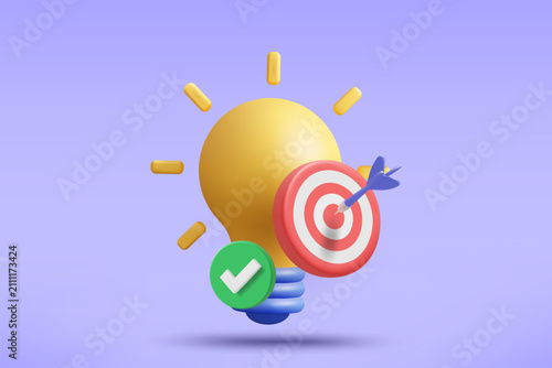 Quadro su tela 3d render vector creative idea lightbulb with target bullseye dart and green che