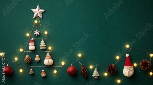 Top-down flat lay Christmas scene on a deep green background, warm yellow fairy lights arranged in the shape of a Christmas tree