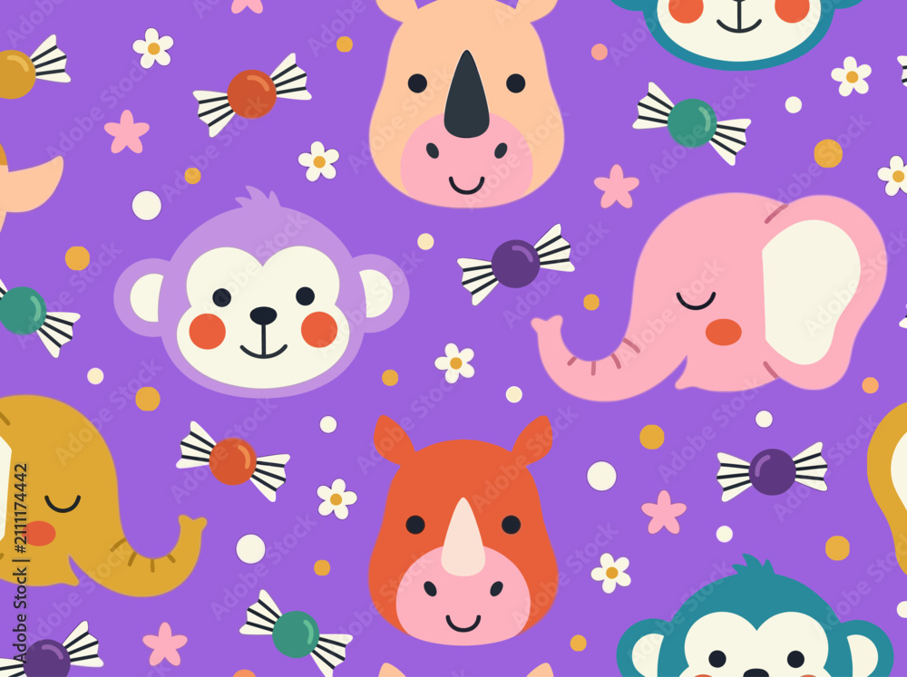 Naklejka premium Cute Seamless Pattern with Cartoon Animal Faces and Candies on Purple