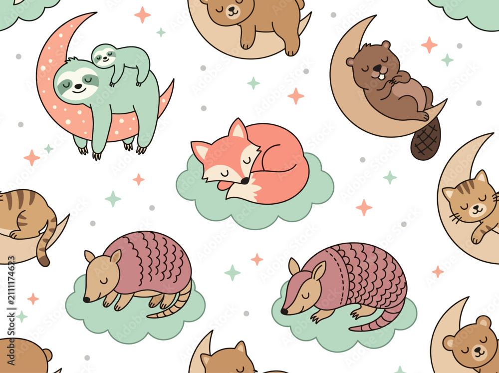 Fototapeta premium Seamless Nursery Pattern with Cute Sleeping Animals on Moons and Clouds