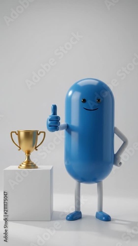 Minimalist 3D Blue Capsule Character Giving Thumbs Up Beside Gold Trophy on Podium, Success Achievement Business Animation