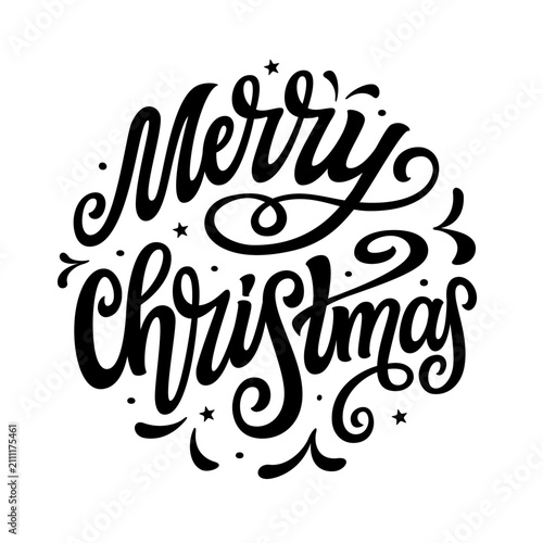 Merry Christmas. Hand lettering black text in a round shape isolated on white background. Vector typography for posters, cards, holiday decor, Christmas balls, ornaments