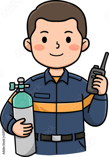 Firefighter Safety Equipment Operator with Oxygen Tank and Radio
