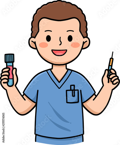 Friendly Cartoon Doctor Holds Syringe and Test Tube for Healthcare