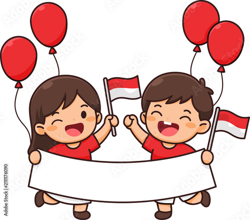 Indonesian Children Wave Flags Celebrate National Pride with Balloons